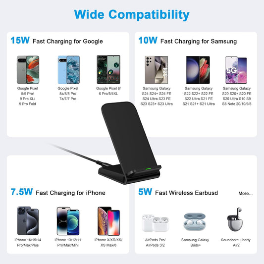Wireless Charger Samsung Fast Charging Stand for Samsung Galaxy S25 S24 Ultra S24+ S24 S23 FE S22 S21 S20 S10, 15W Android Phone Wireless Charger Stand for Pixel 9 Pro XL Fold 8a 7 Pro, iPhone 16 15