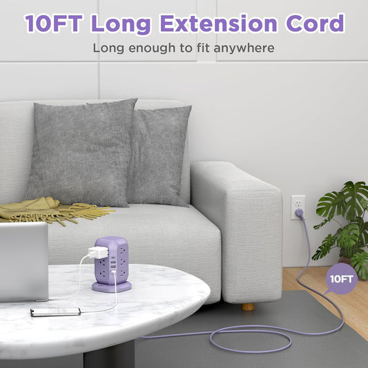 USB C Power Strip Tower, Surge Protector with 12 AC Outlet and 4 USB Ports, AiJoy 10 FT Extension Cord, 1200J Power Strip Surge Protector, USB Charging Station, Office Supplies, Dorm Essentials, Woman