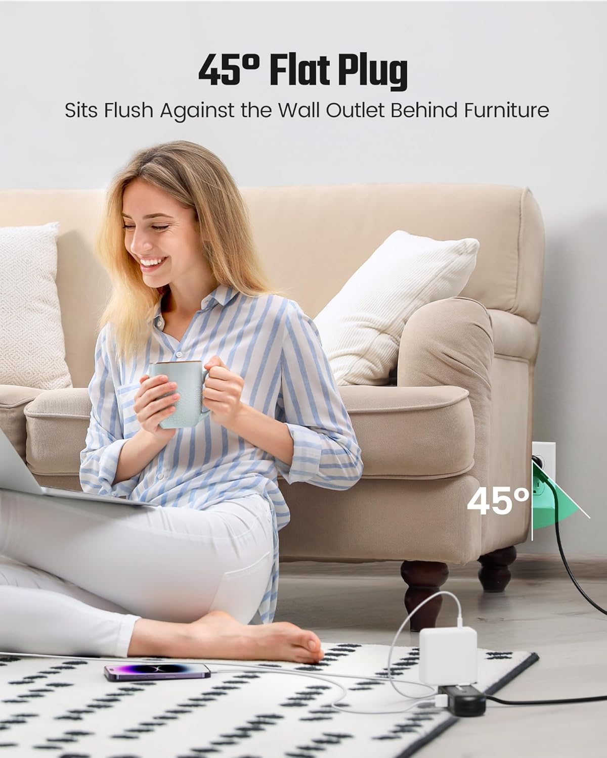 2Ft Extension Cord, SUPERDANNY Mini Surge Protector with 2 Wide-Spaced Outlets, USB Power Strip, 3 USB-A 1 USB-C, Flat Plug, Compact Size Desktop Charging Station Travel, Home, Office, Black