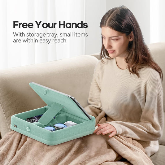 KDD Tablet Pillow Stand with Storage, Foldable iPad Holder for Bed, Lap and Desk, Angle Adjustable Soft Pad Dock with Stylus Mount Compatible with iPad Pro 12.9, 11, Air, Mini, Phones, Books (Green)