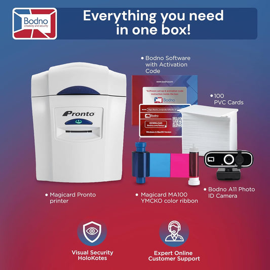 Bodno Magicard Pronto ID Card Printer & Complete Supplies Package ID Software and Camera - Silver Edition