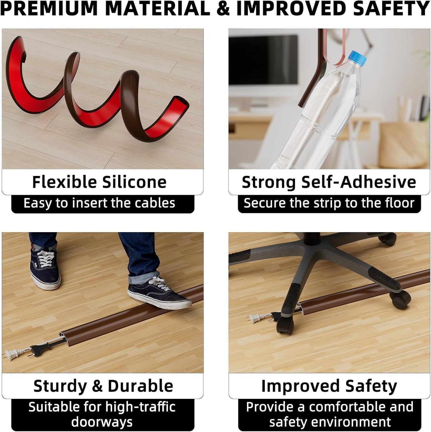 4ft Floor Cord Cover, Silicone Wire Hider, Hide Extension Cords, Protect Cords, Prevent Cable Trips, Heavy-Duty Adhesive-Backed Anti-Trip Cable Protector for Floor, Desk & Wall