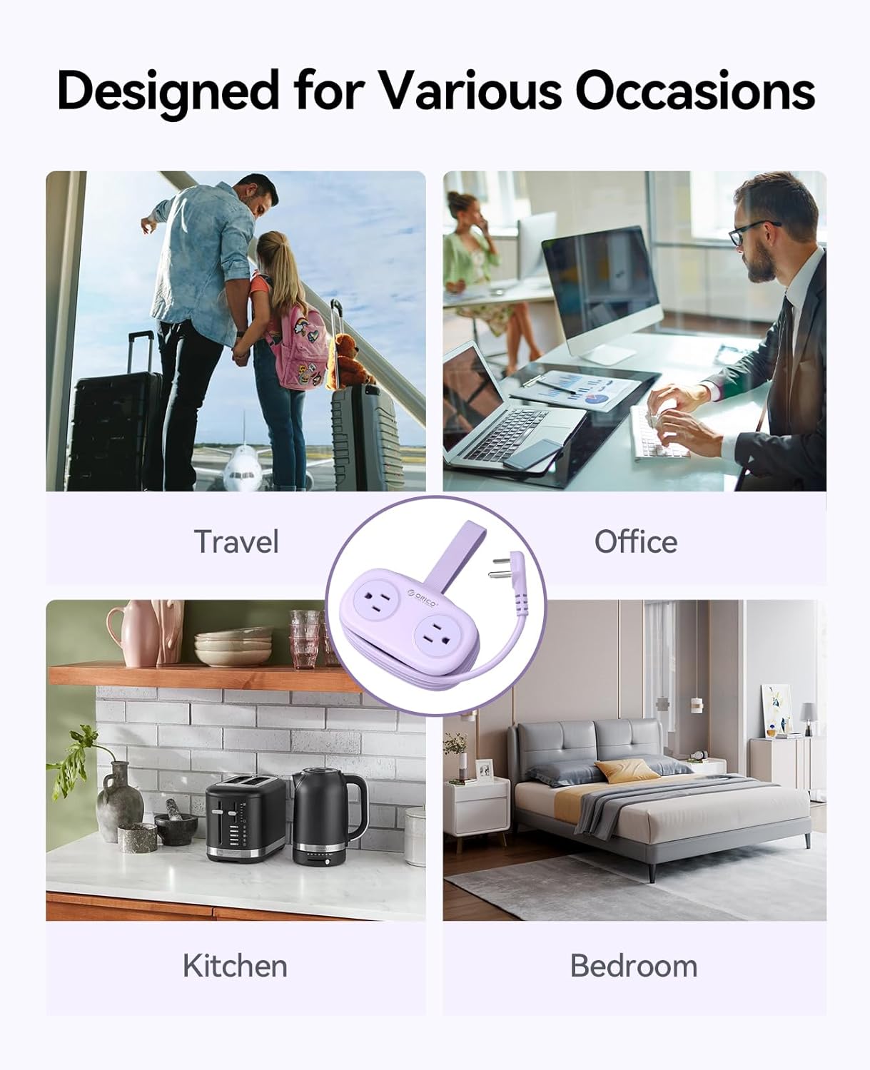 ORICO Purple Travel Power Strip PD20W with 4 AC Outlets 3 USB Ports (1 USB-C), 4FT Flat Plug Extension Cord, Compact Portable Design for Business Travel, Cruise Ship Essentials-AP3