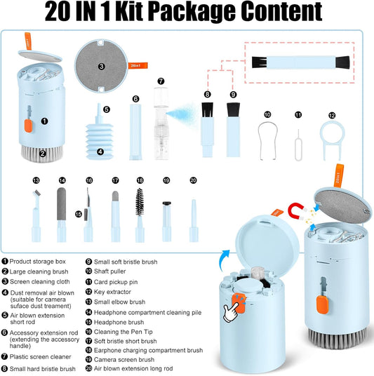 Laptop Phone Screen Cleaner Kit, Computer Keyboard Brush Cleaning Spray for iPhone AirPods MacBook iPad, 20-in-1 Electronic Device Clean Tool for Camera PC Monitor Earbud TV Tablet Car Screens, Blue