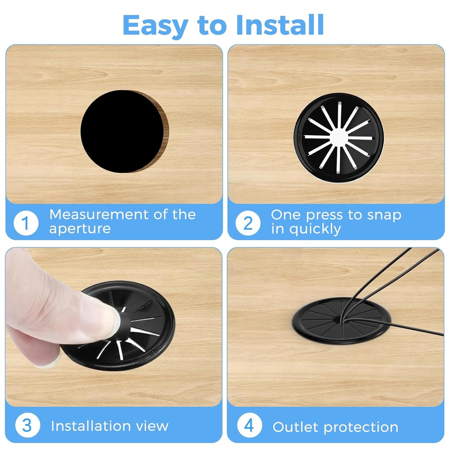 8 Pcs Cable Grommet, Snap Bushing 2-3/16" (55 mm) Mounting Diameter, Flexible Petal-Shaped Buckle Round Nylon Desk Grommet for Wires Through Countertop Cord Organizer and Protection, Black