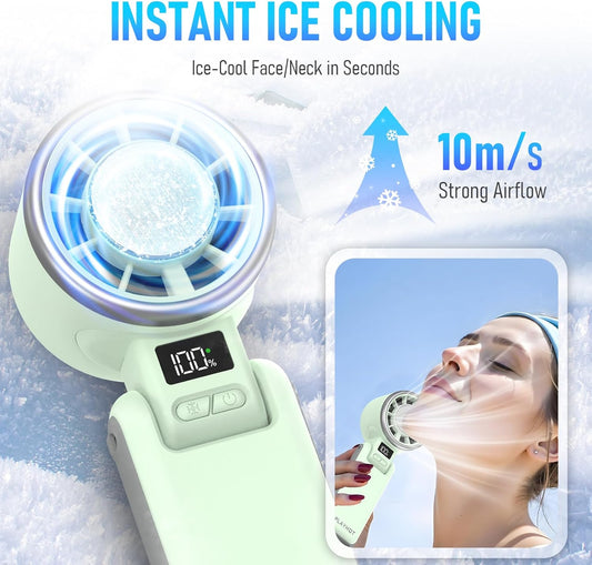 Portable Handheld Turbo Fan with Ice Cooling, Rechargeable Personal Fan, Up tp 12Hrs Cooling, 5 Speed 25550RPM Powerful Portable Fan for Travel, Outdoor, Camping, Hiking (Green)