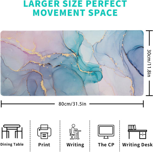Teal Marble Extended Mouse Pad 31.5x11.8 Inch Turquoise Desk Marble Mousepad Extended Large Non-Slip Rubber Base Waterproof Big Keyboard Mat with Stitched Edges for Gaming and Office