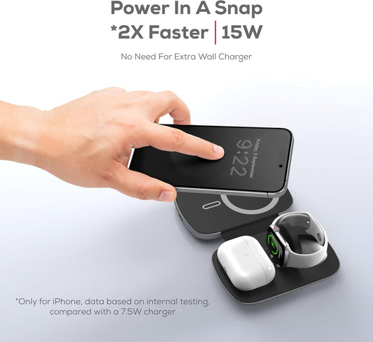 Teton 3 in 1 Wireless Charger with 5000mAh Power Bank,15W Qi2 Foldable Wireless Charging Station for Multiple Devices,Magsafe Travel Charger Stand for iPhone 16/15/14/13 Apple Watch & Airpods