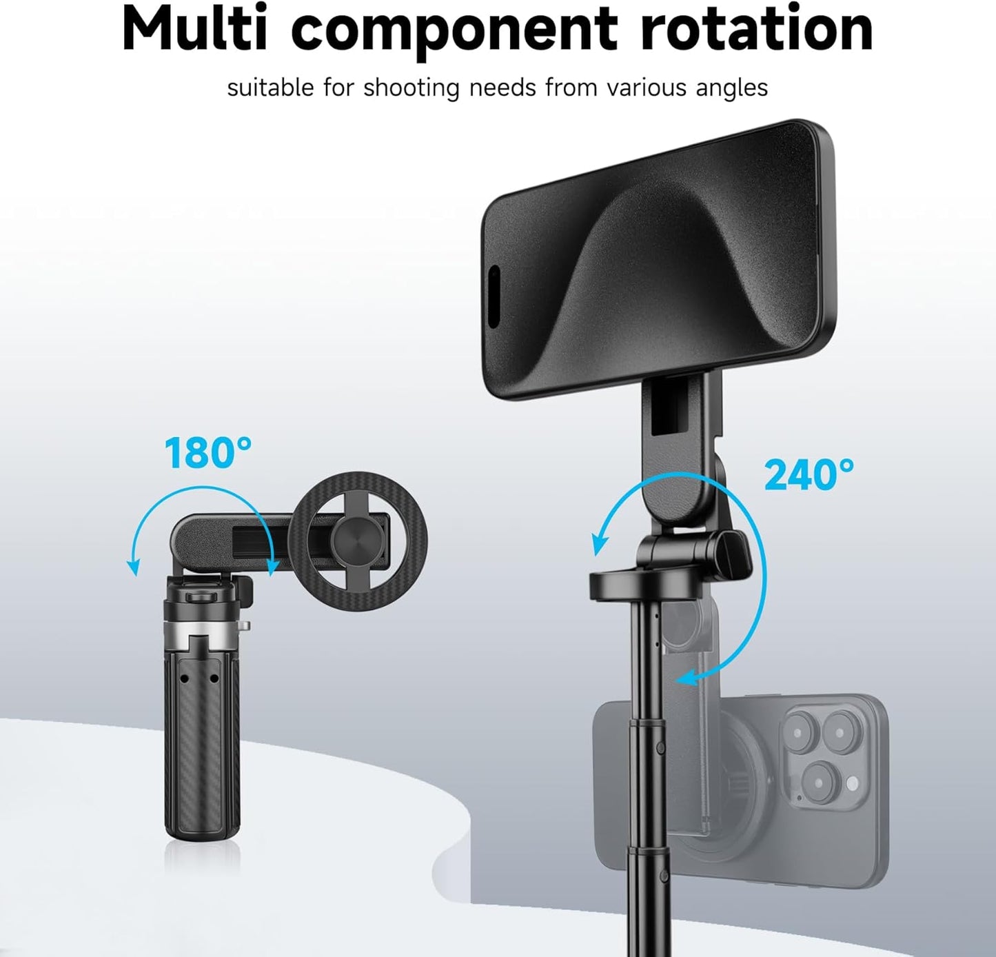 Magnetic Tripod for Phone with Remote Control, 3-in-1 Selfie Stick Handle Grip 360°Rotation Extendable Stand for iPhone Android Phones