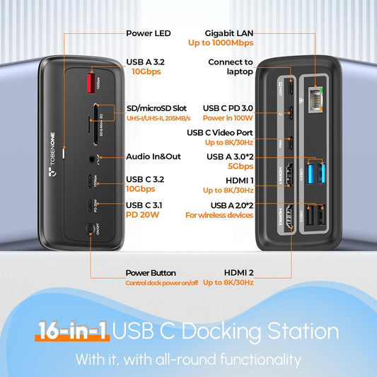 TobenONE Docking Station 3 Monitors, Triple Monitor Docking Station with Single 8K USB-C Video, Dual 4K HDMI, 10Gbps USB A/C, PD 3.0, 100W Power Supply, USB C Dock for Windows/ChromeOS, Dell, HP, ASUS