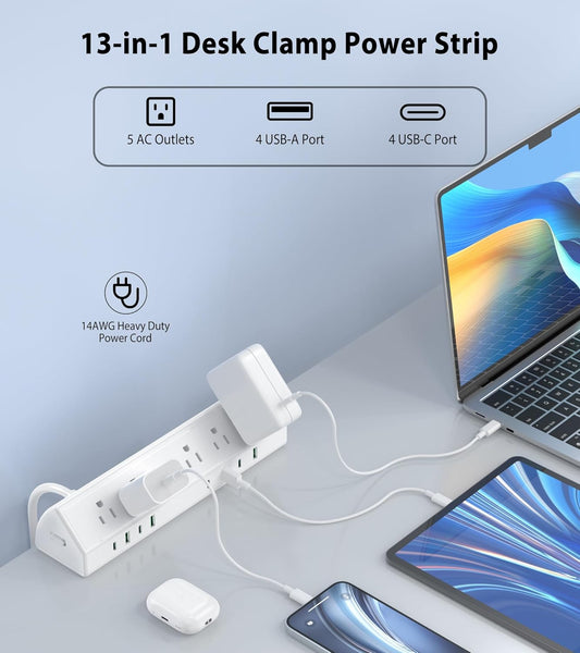 45W Fast Charging Station,Desk Clamp Power Strip,4 PD USB-C Ports,5 AC Outlets,Surge Protector Power Strip, 14AWG Heavy Duty Cord, Fits 1.9" Tabletop Edge (White, 15 FT Cable)