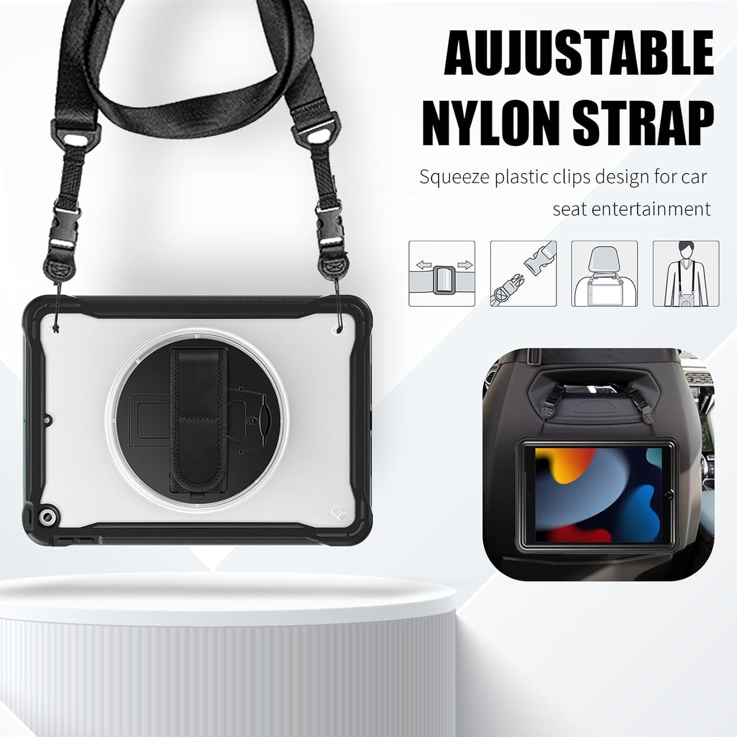 ZenRich Clear Case for iPad 9th/8th/7th Generation 10.2 inch 2021/2020/2019, Shockproof Slim Hard Case with Pencil Holder/360°Rotating Kickstand/Handle/Carrying Strap, Black