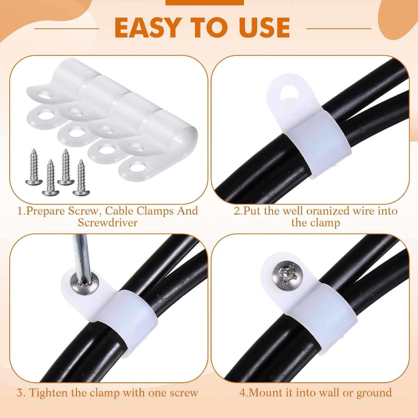 Hicarer 50 Pack R-Type Cable Clip Wire Clamp, Nylon Screw Mounting Cord Fastener Clips with 50 Pack Screws for Wire Management (White,3/8inch)