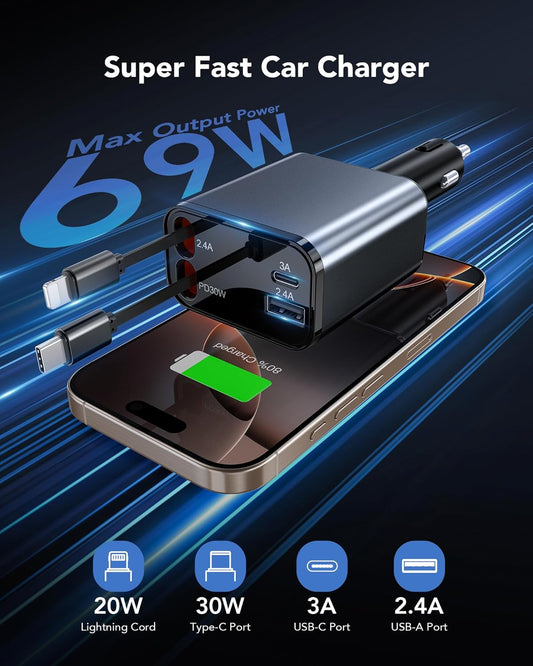 69W Retractable Car Charger, 4-in-1 Fast Car Phone Charger with 2.6ft Two Retractable Cables and USB C+USB A Car Charging Block Cube, Compatible with iPhone 16 15 14 13 12 Pro Max Plus,Galaxy,Pixel
