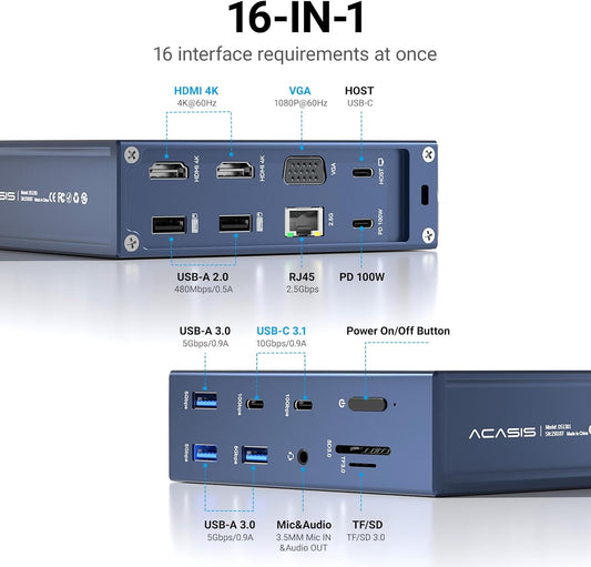 ACASIS USB C Docking Station Dual Monitor, 16-in-1 Laptpop Docking Station with 2* HDMI,VGA,2.5G Ethernet,SD/TF,10Gbps USB-C 3.1,3.5mm Audio,PD100W,USBC Hub for MacBook/Dell/Lenovo/HP/ThinkPad (Gray)
