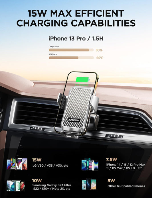 Wireless Car Charger, 15W Fast Charging Auto Clamping Car Charger Cell Phone Holder Mount Vent for iPhone 15 14 13 12 Mini Pro Max, Samsung Galaxy S24 Ultra S23 S22 S21+ Note 20, etc - Silver