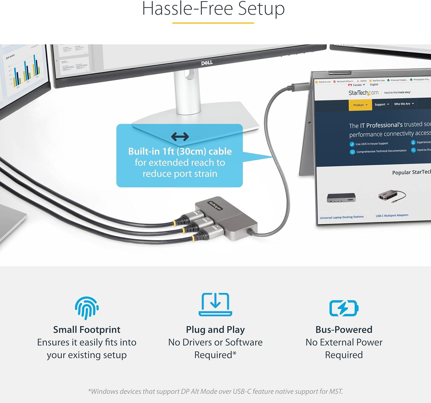 StarTech.com 3-Port USB-C Multi-Monitor Adapter, USB Type-C to 3x HDMI MST Hub, Triple 4K 60Hz HDMI Laptop Display Extender / Splitter, HDR, Extra-Long Built-In Cable, Windows (MST14CD123HD)