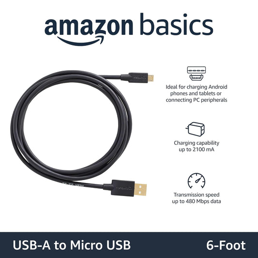 Amazon Basics 5-Pack USB-A to Micro USB Charging Cable, 480Mbps Transfer Speed with Gold-Plated Plugs, USB 2.0, 6 Foot, Black