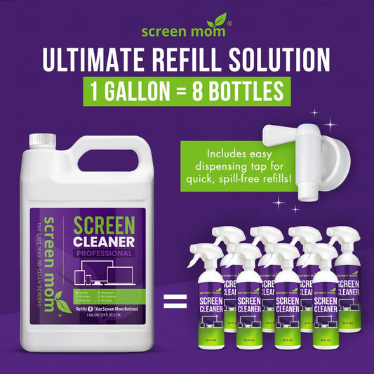 Screen Mom Screen Cleaner Refill with Dispensing Tap, 1-Gallon for Screen Cleaner Spray and Wipe for TV, Computer, Phone, iPad, Car Screen Cleaning Kit Electronic Cleaner Spray