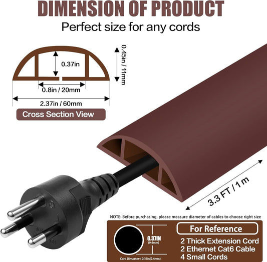 Floor Cord Cover Cavity 0.8"x0.37" Self Adhesive Cord Hider, 3.3FT Low Profile Cable Management, Extension Strip Protector for Wires, Prevent Cable Trips for Offices, Gyms, Exhibitions (Coffee)