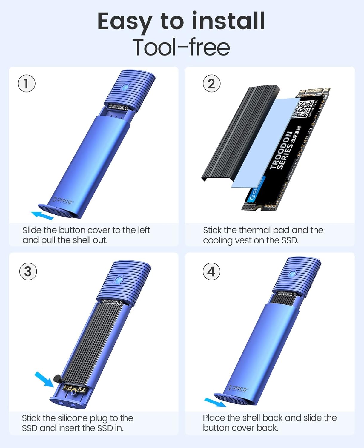 ORICO M.2 NVMe SATA SSD Enclosure Adapter Tool-Free, USB C 3.2 Gen 2 10Gbps NVMe, 5Gbps NGFF SATA PCIe M-Key(B+M Key) 2230/2242/2260/2280, Aluminum External M2 Reader Support UASP Trim-BL(G2A)