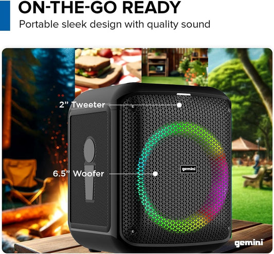 Gemini Box-Style Bluetooth Party Speaker with LED Lights, 6.5” Woofer, Wireless Mic, Deep Bass, TWS Stereo Pairing, USB/SD/FM/Aux, 10-Hour Battery Play Time, 100W Loud Sound for Home & Karaoke