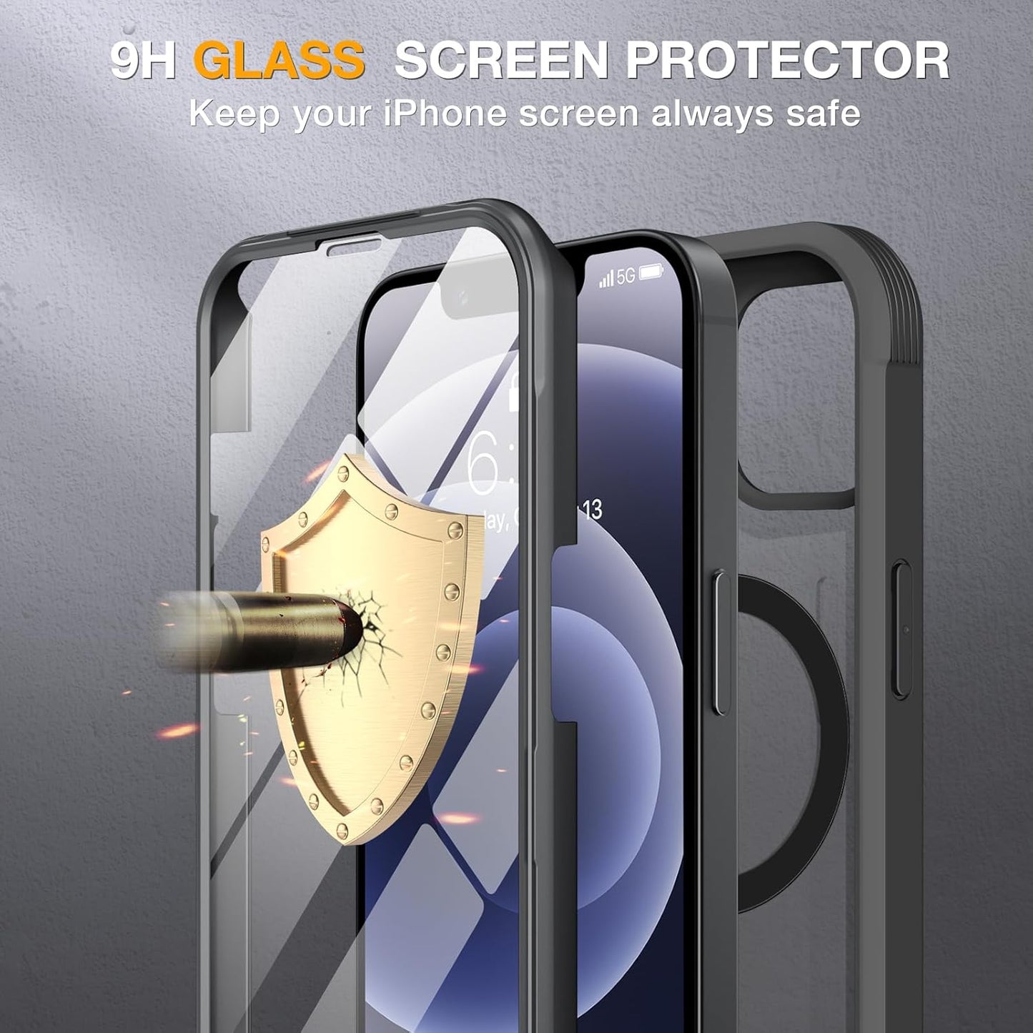 Miracase Magnetic for iPhone 12/12 Pro Case 6.1 inch, (Compatible with MagSafe) Upgrade Full-Body Clear Phone Bumper Case with Built-in 9H Tempered Glass Screen Protector, Magnetic Classic Black