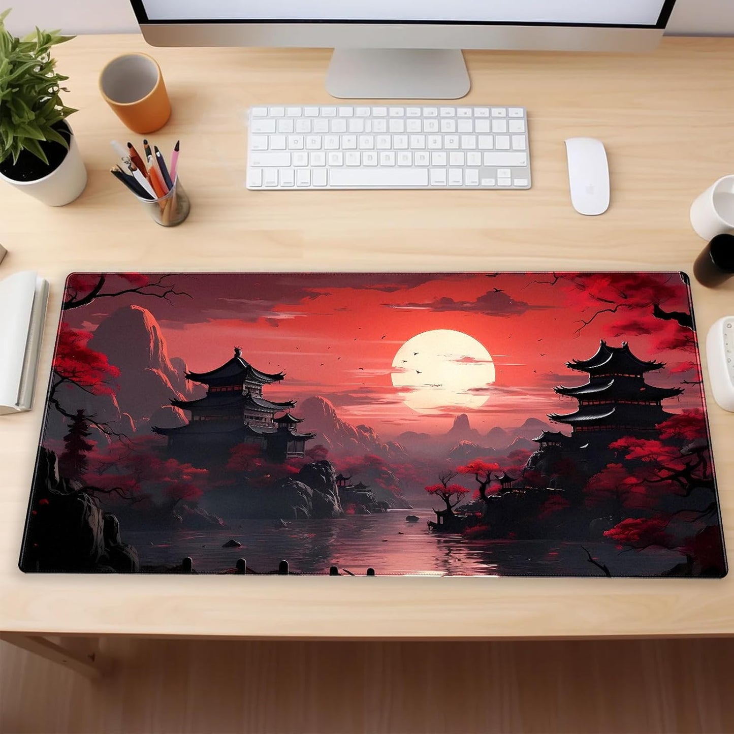 Red and Black Mouse Pad Japanese Desk Mat Gaming Mousepad Extended Large Mouse Pad for Desk 31.5''X15.7'' Red Full Moon Sakura Desk Pad Mat Laptop Computer Mouse Keyboard Mat for Office Desk Decor