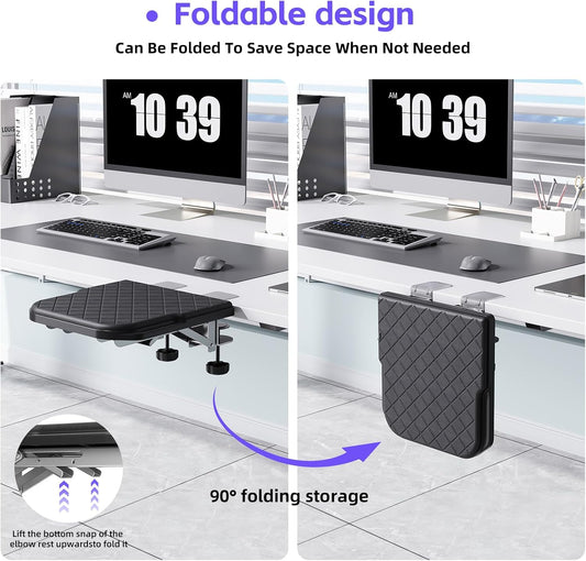 Arm Rest for Desk, 90°Foldable Computer Wrist Rest Shelf with Sponge Padding, Clamp on Arm Support, Ergonomic Sturdy Desk Extender for Office & Home, Durable & Easy to Install (Black)