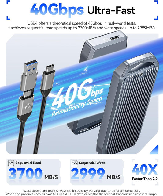 ORICO USB4 40Gbps M.2 SSD Enclosure, Supports Up to 8TB M.2 NVMe SSDs, Finned Aluminum Alloy Case, USB-C to USB-A&C 2-in-1 Cable, Plug and Play, Compatible with Thunderbolt 3/4, USB 3.2/3.1/3.0- M2V01