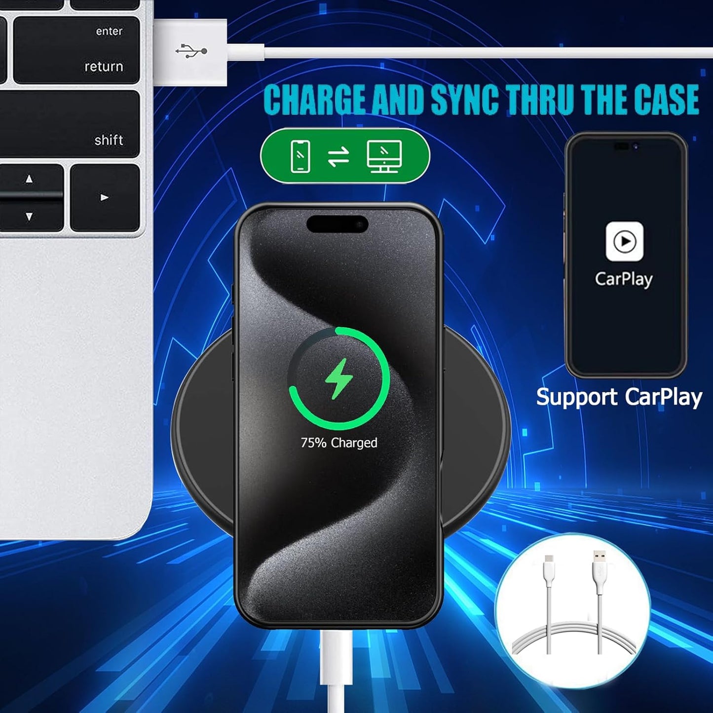 Battery Case for iPhone 15 Pro Max, Full Encircle 12000mAh Capacity Rechargeable Portable Charger Case Extended Battery Pack for iPhone 15 Pro Max(6.7 inch) Wireless Charging Case with Carplay-Black