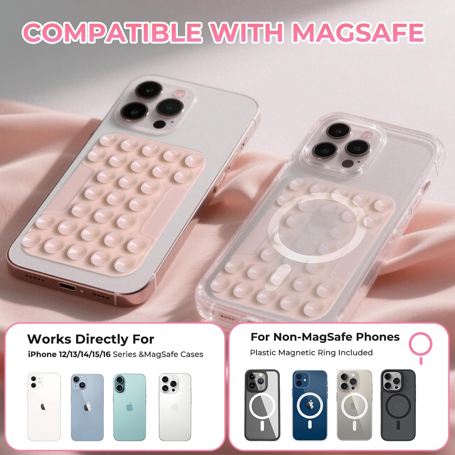 for MagSafe Suction Mount - 29 Silicone Suction Cup Phone Mount with Magnetic Phone Grip, for iPhone 12/13/14/15/16 Series, Hands-Free Sticky Grip for TikTok/Instagram, Light Pink