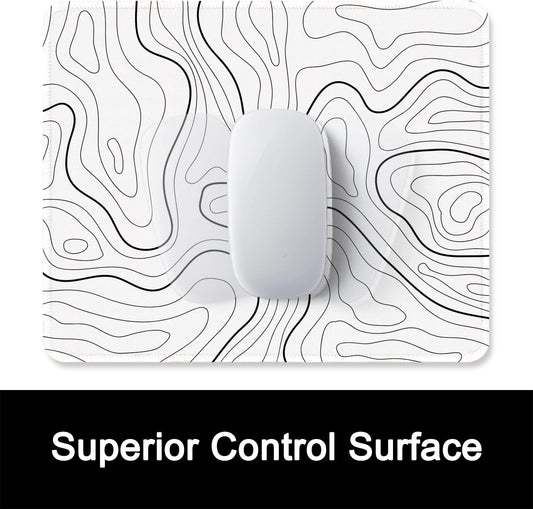 ITNRSIIET Mouse Pad with Stitched Edge Premium Textured Smooth Precise Operation Waterproof Washable Non-Slip Rubber Base Desktop Protection Mat, 10.2×8.3×0.12 inches, Topographic Contour White