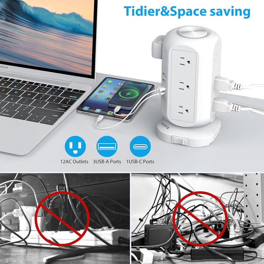 Tower Power Strip Flat Plug with 12 Outlets 4 USB(1 USB C),AOFO Surge Protector Charging Station with Overload Protection, Widely Spaced Multiple Outlets 10Ft Extension Cord for Home, Dorm,Office