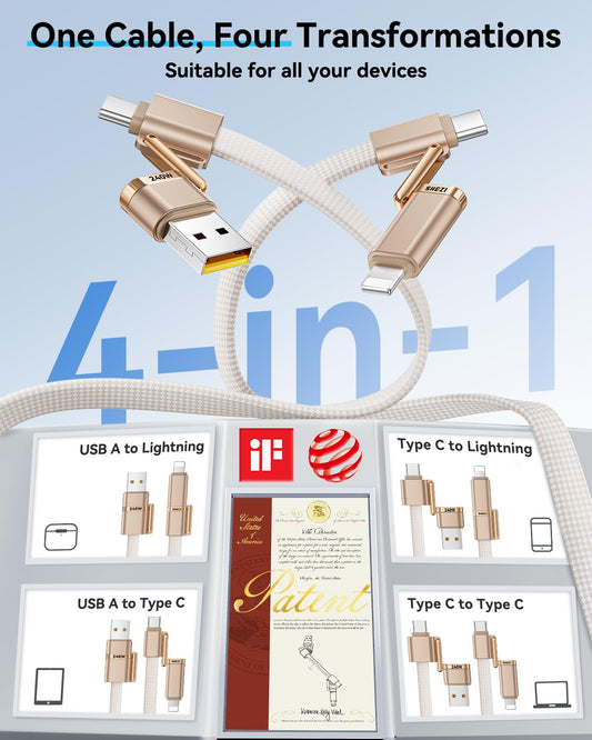 SHEZI 4-in-1 Compatible with USB C to Lightning Cable 240W Fast Charging & Data Transfer, Support to CarPlay & Android Auto, 5FT Multi Cords Charger for iPhone/iPad/Samsung/MacBook Cable, Titanium