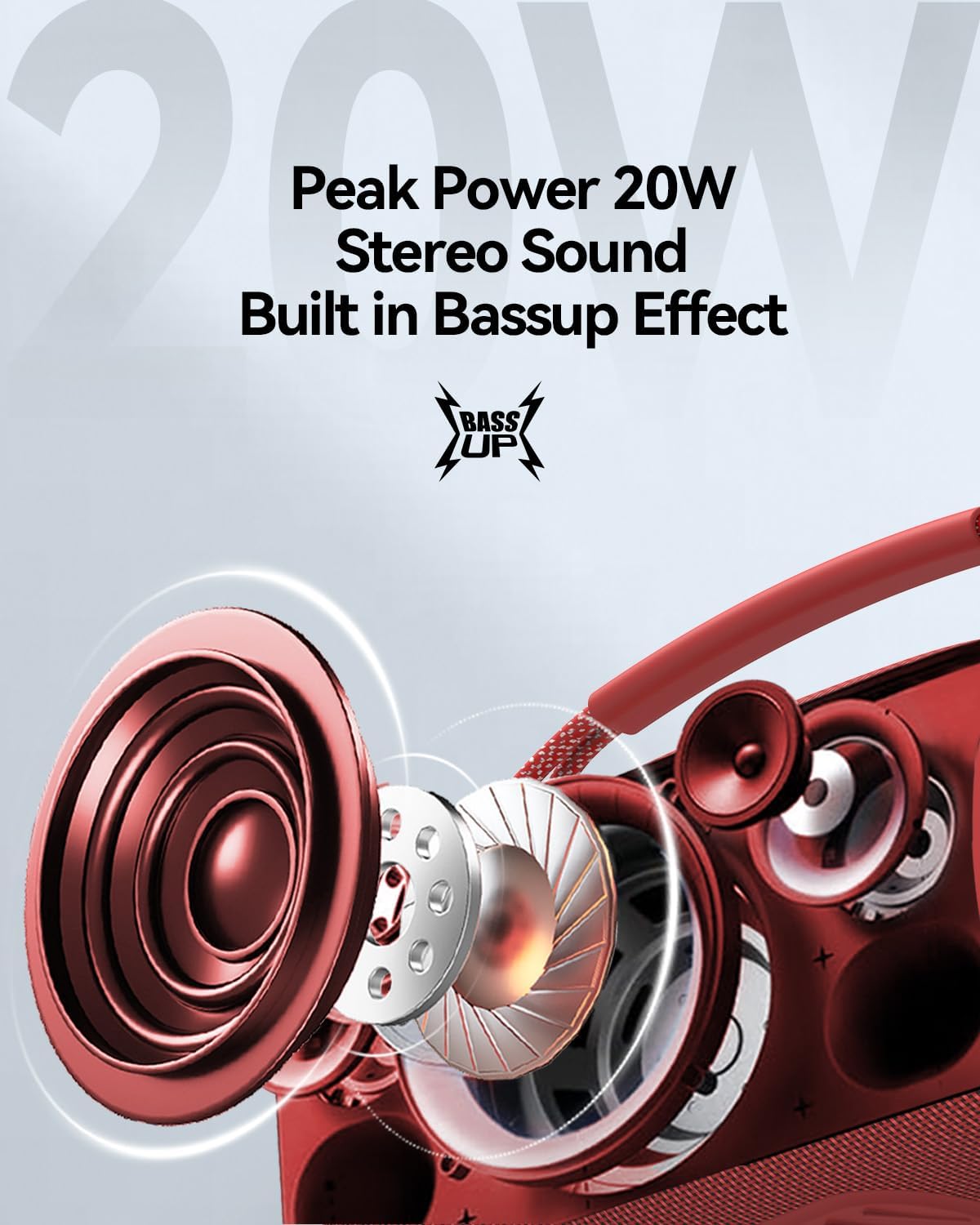 Portable Bluetooth Speaker with Light, Loud Sound and Deep Bass, IPX6 Waterproof, Up to 18H Playtime, TWS Pairing, Support Bluetooth/AUX/USB/TF Card for Home, Party, Outdoor and Travel (Red)