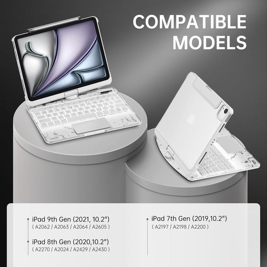 GUSGU Transparent Case with Wireless Keyboard for iPad 10.2-in (7th, 8th, and 9th Gen), 7 Colors Backlight, Trackpad, 360°Rotating Stand, Tech Style