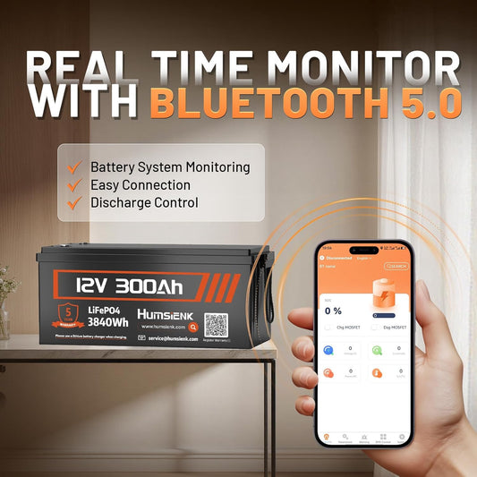 Bluetooth 12V 300Ah Battery LiFePO4 Lithium Built-in 100A BMS, 15000 Deep Cycles Battery 3840Wh with Low-Temp Protection for RV Marine Trolling Motor Home Energy Storage Off-Grid Living, 2 PACK
