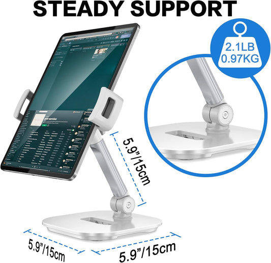 AboveTEK Upgraded Desktop Tablet Stand, 360° Swivel Tablet & Phone Desk Mount Holders for Any 4.7''-13.5'' Display iPad/Cell Phones, Stylish & Sturdy Stands for Store Office Showcase Reception (White)