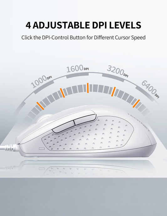 TECKNET USB Wired Mouse, 6-Button Corded Mouse with 4 Adjustable DPI, Optical Computer Mouse with Ergonomic Design and 5FT Cord for Laptop, Chromebook, PC, Desktop, Mac, Notebook-LT.White