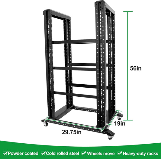 27U Server Rack/4-Post 19in Network Rack/Open Frame Rack with Wheels, Heavy-Duty Frame Cabinet/Adjustable Depth 29.75-27.75in GLOBALRACK(4POST-1000-27U)