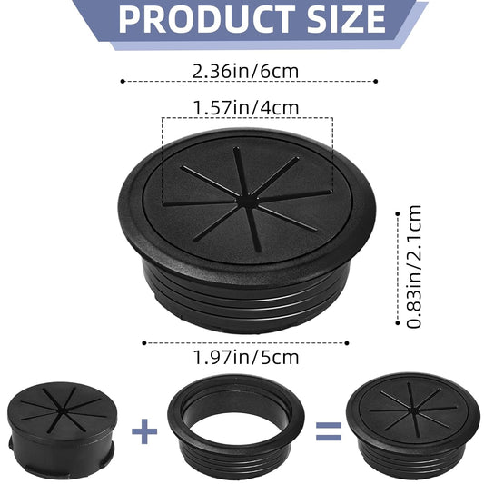 6-Pack Black Desk Grommet Cable Management Kit - 1.97 inch (5cm) Hole Cover,ABS Plastic Grommet Hole Cover Organizer for Office Computer Desk,Hide Cords Neatly