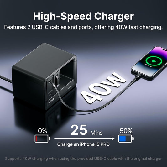 Gitryin 10-in-1 Desktop Charging Station with 2 Retractable Type-C Wall Chargers, 40W USB-C Power Strip with Flat Plug, Extension Cord with 1020J Surge Protection for Home Office