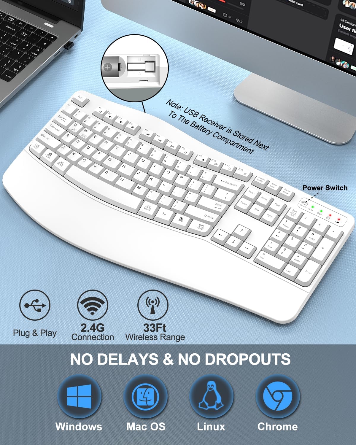 EDJO Ergonomic Wireless Keyboard for Large Hands, with Wrist Rest, Wave Keys, 2.4GHz Full Size Ergo Cordless USB Computer Keyboard, Comfortable Natural Typing, for Laptop, Mac, Windows (White)