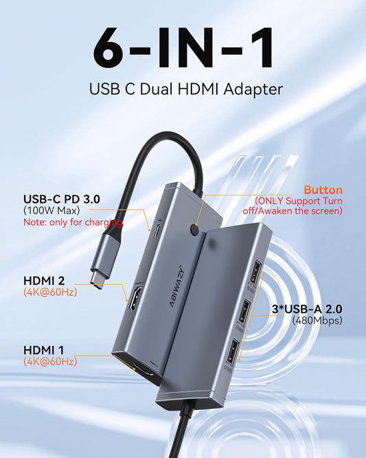 Docking Station USB C to Dual HDMI Adapter, USBC Hub Dual hdmi Monitors with 2HDMI Ports 4K@60Hz,100W PD Charging,3 USB-A,Switch Button, Laptop Docking Station for Dell XPS/HP/Lenovo/Surface etc