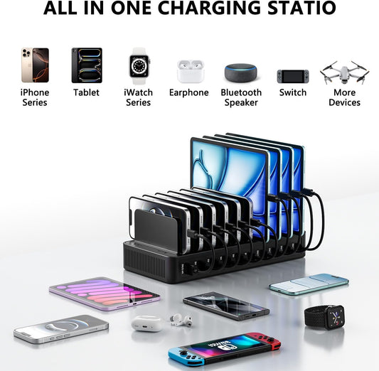 USB C Charging Station for Multiple Devices, 10-Port 100W Charging Dock, with Adjustable Dividers, USB-C Power Hub, Compatible with iPhone/Samsung/Google/Tablets/USB Devices (with 10 Cables)