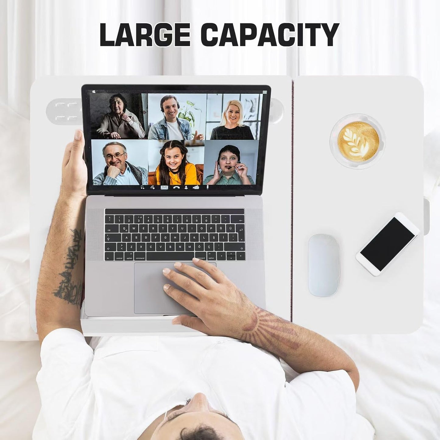 CloudTrip Plus XL Adjustable Laptop Desk with Light, USB Port, iPad Holder, Drawer Storage - Larger 23.6IN Adjustable Lap Desk for Bed, Home Office, Breakfast Tray, Fordable Legs Desk (White)