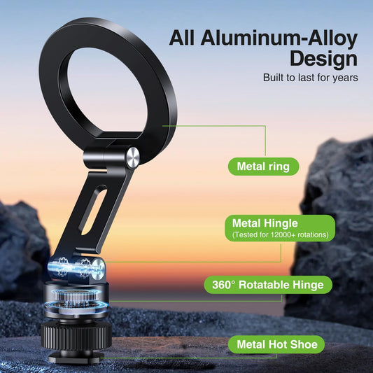 elitehood Aluminum Magnetic Camera Phone Mount with 360° Rotatable Cold Shoe Base, MagSafe iPhone Tripod Mount Adapter with 1/4” Screw & Hot Shoe, 180° Tilt Cell Phone Holder for Tripod Attachment