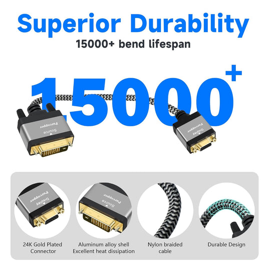 Active Digital Signal DVI to VGA Cable Adapter, DVI-D 24+1 (24+5) Male (Source) to VGA Female (Screen) Braided Cord Converter Connector for Monitor, PC, TV, Raspberry Pi, Desktop, Laptop, Projector