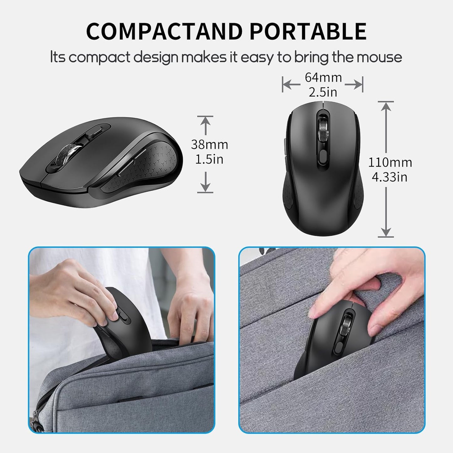 Wireless Mouse with Side Buttons for Laptop, PC, Chromebook, Mac, MacBook, Silent Mouse with USB Nano Receiver, 1000/1600/2400 DPI, Anti Slip Roller, 6-Button Ergonomic design No Light Design- Black